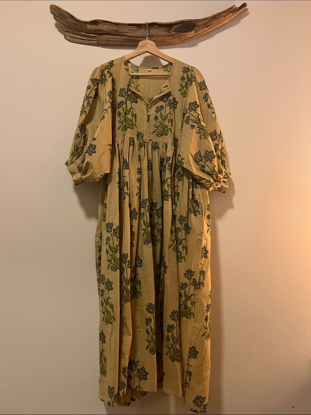 Boho Floral Midi Dress in Mustard Yellow - block print made in India.